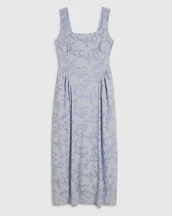 Blue Sleeveless Devore Burnout Midi Dress
