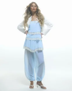Blue Sleeveless Lace Trim Tiered Cami Top