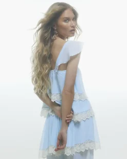 Blue Sleeveless Lace Trim Tiered Cami Top