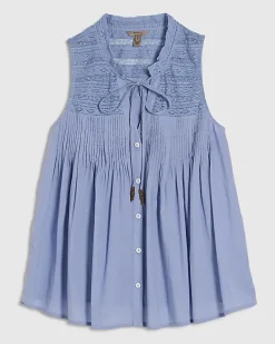 Blue Sleeveless Lace Yoke Front Blouse