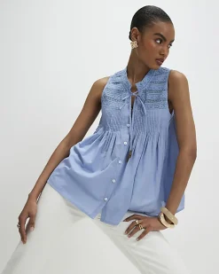 Blue Sleeveless Lace Yoke Front Blouse