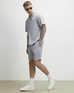 Blue Slim Fit Jacquard Textured Shorts