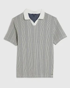 Blue Slim Fit Stripe Open Neck Polo Shirt