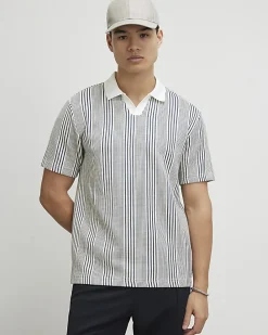 Blue Slim Fit Stripe Open Neck Polo Shirt