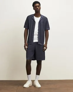 Blue Slim Fit Textured Knitted Shirt
