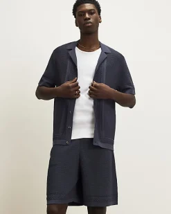 Blue Slim Fit Textured Knitted Shirt