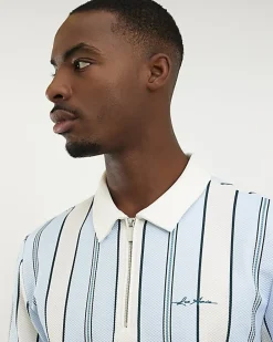 Blue Slim Fit Textured Stripe Polo Shirt