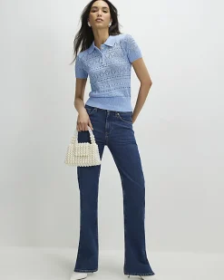 Blue Stitched Knit Polo Top