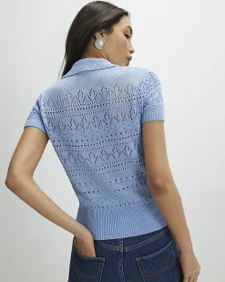 Blue Stitched Knit Polo Top