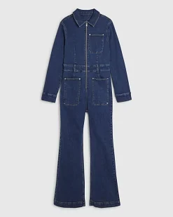 Blue Stretch Denim Straight Leg Jumpsuit