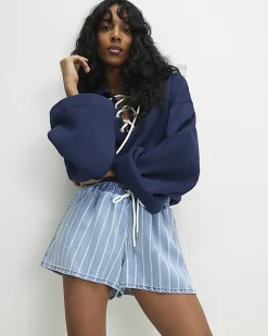 Blue Stripe Drawstring Denim Shorts
