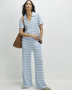Blue Striped crochet Wide Leg Trousers