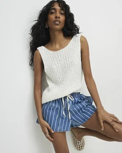 Blue Striped Denim Shorts