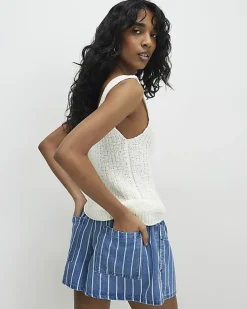 Blue Striped Denim Shorts