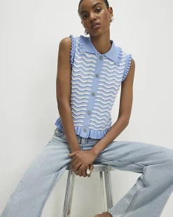 Blue Striped Knit Collared Tank Top