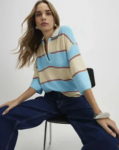 Blue Striped Knitted Polo Shirt