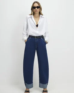 Blue Turn Up Cuff Barrel Leg Jeans