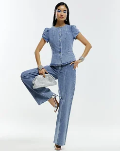 Blue Washed Bling Button Denim Top