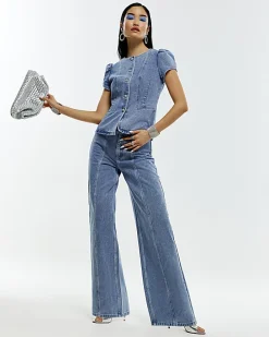 Blue Washed Bling Button Wide Leg Jeans