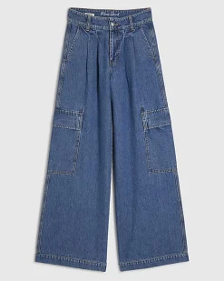 Blue Wide Leg Pleated Cargo Pocket Jeans