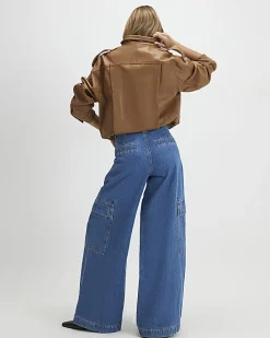 Blue Wide Leg Pleated Cargo Pocket Jeans