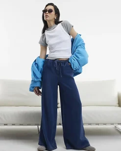 Blue Wide Leg Pyjama Style Drawstring Jeans
