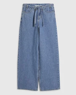 Blue Wide Leg Tie Front Jeans