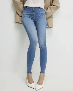 Blue Zip Front High Waisted Skinny Jeans