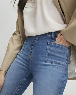 Blue Zip Front High Waisted Skinny Jeans