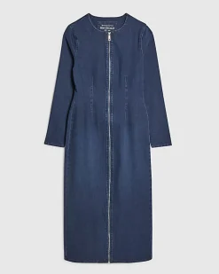 Blue Zip Through Denim Midi Dress