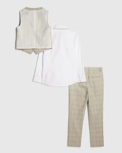 Boys Beige Check Waistcoat 4 Piece Set