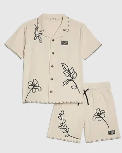 Boys Beige Embroidered Swim Shorts Set