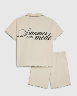 Boys Beige Embroidered Swim Shorts Set
