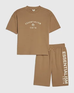 Boys Beige Essentialism T-Shirt and Jorts Set