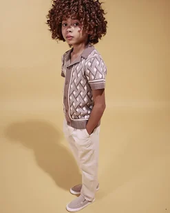 Boys Beige Geometric Knit Shirt