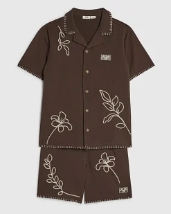 Boys Brown Embroidered Floral Swim Set