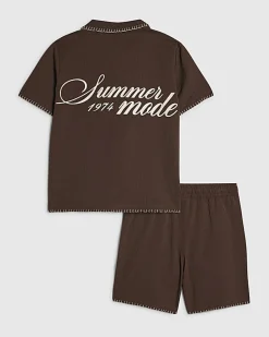 Boys Brown Embroidered Floral Swim Set