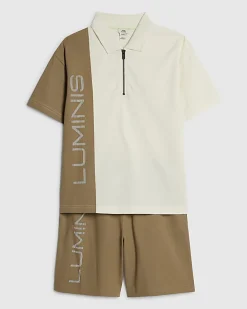 Boys Brown Oversized Polo Shirt Set