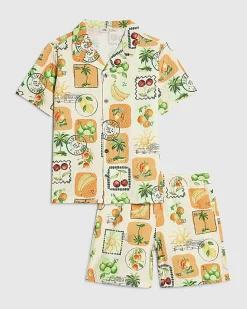 Boys Cream Print Swim Shirt and Short Set