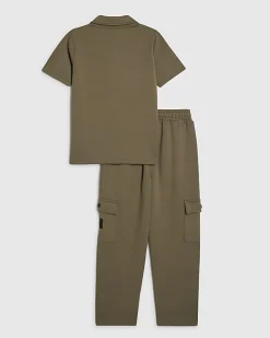 Boys Khaki Polo Shirt And Joggers Set