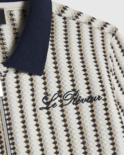 Boys Navy Crochet Stripe Zip Polo Shirt