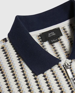 Boys Navy Crochet Stripe Zip Polo Shirt