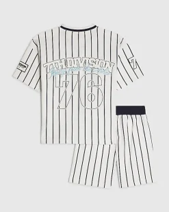 Boys White Oversized Stripe T-Shirt Set