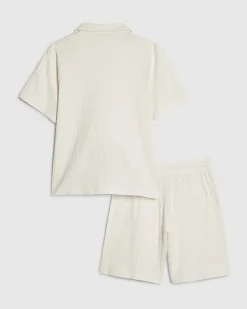 Boys White Textured Shirt Set