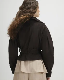 Brown Belted Faux Suede Cropped Trench Jacket
