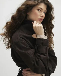 Brown Belted Faux Suede Cropped Trench Jacket