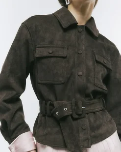 Brown Belted Faux Suede Jacket