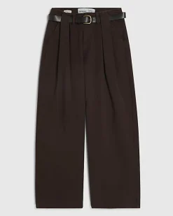 Brown Belted Pleated Wide Leg Jeans