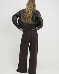 Brown Belted Pleated Wide Leg Jeans