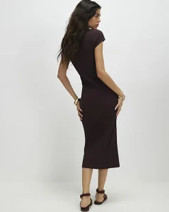 Brown Cap Sleeve Ribbed Midi Dress